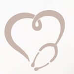 Abstract beige line drawing forming a heart silhouette with a small loop at the top and a curved tail at the bottom, on a white background.